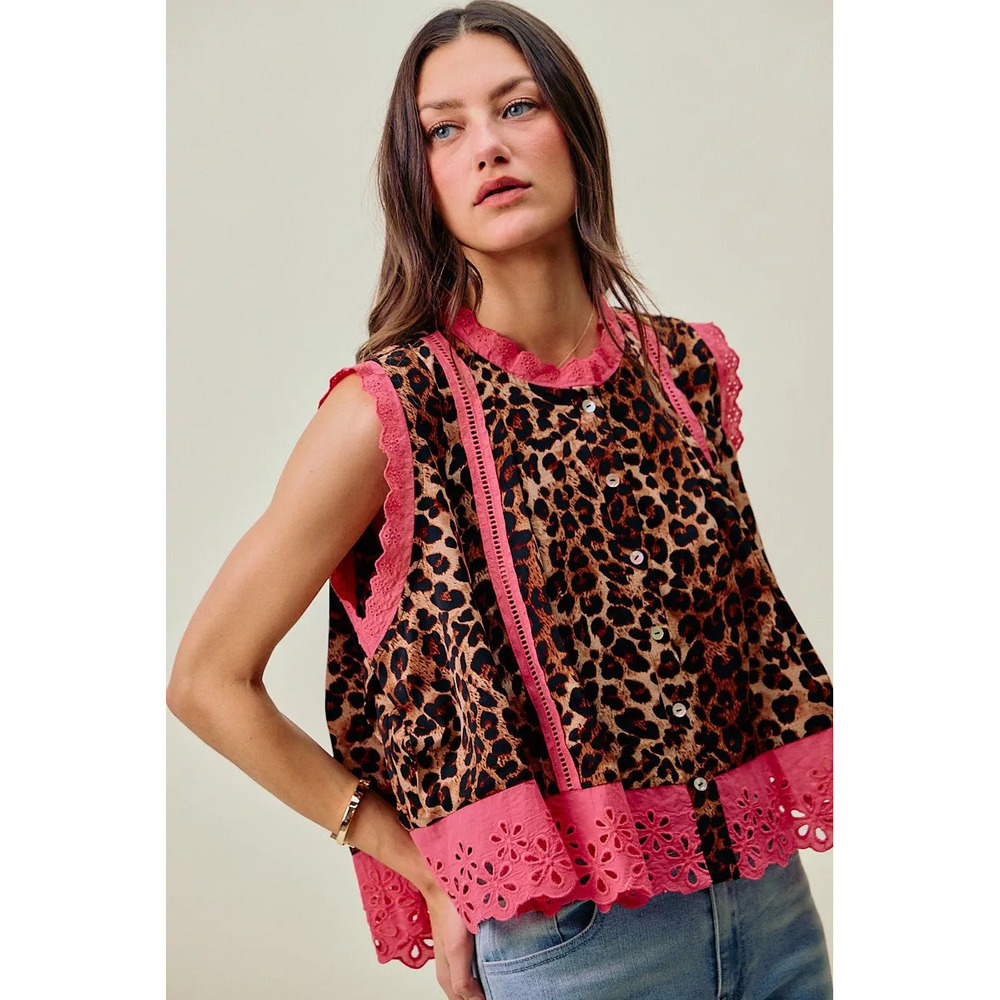 SO ME Leopard Button Up Pleated Sleeveless Blouse - Picture 6 of 7